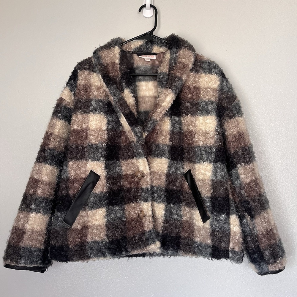 Knox Rose Women's Plaid Sweater Overcoat Black Brown Paid Medium Teddy Bear Coat